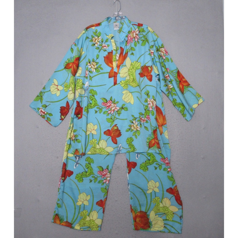 Natori Pajama Set Large Blue Floral Satin Loungewear Relaxed Vibrant Artsy Boho